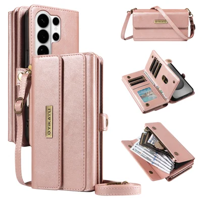 YIKATU For Samsung Galaxy S26 Ultra Case YK-008 Zipper Wallet Leather Phone Cover with Shoulder Strap - Rose Gold