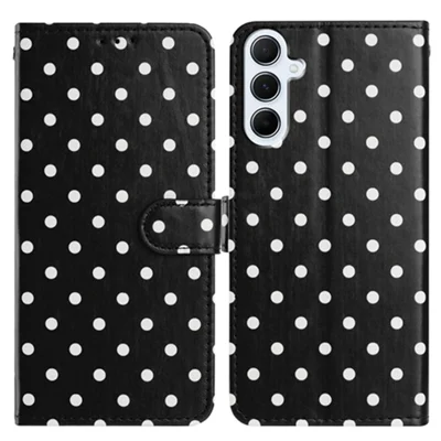 For Samsung Galaxy A55 5G Leather Case Polka Dot Pattern Wallet Stand Folio Phone Cover - Black