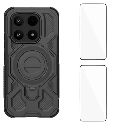 Für Xiaomi 17 Hülle mit Ständer und 2 Stück Displayschutzfolie WANLONFENG KJ Serie PC TPU Handyhülle (großes Linsenloch) - Schwarz