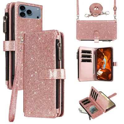 ASUWISH For iPhone 17 Pro Case 10 Card Holder Glitter Leather Phone Cover with Crossbody Strap - Rose Gold