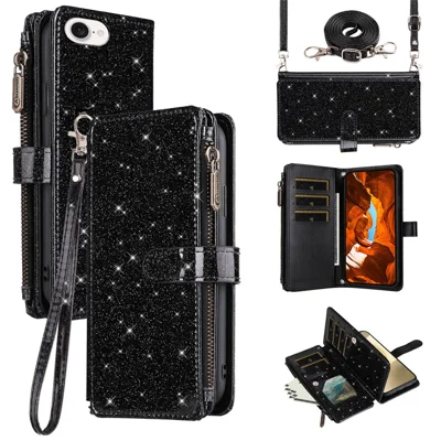 ASUWISH For iPhone 17e / 16e Case 10 Card Holder Glitter Leather Phone Cover with Crossbody Strap - Black