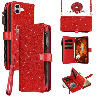 ASUWISH For iPhone 17 Case 10 Card Holder Glitter Leather Phone Cover with Crossbody Strap - Red