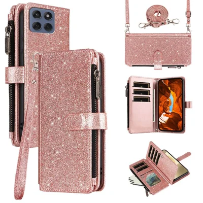 ASUWISH Phone Case For Motorola Edge 60 5G  /  Edge 60 Fusion 5G  /  Edge (2025) 5G 10 Card Holder Glitter Leather Cover with Crossbody Strap - Rose Gold