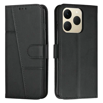 For Realme 15T 5G Leather Phone Case Foldable Stand Wallet Flip Cover with Strap - Black