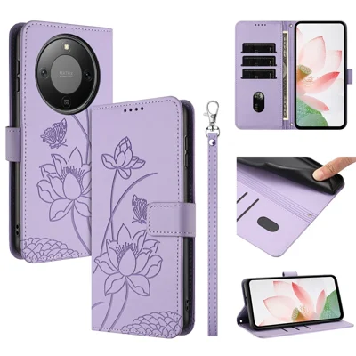 For Honor Magic8 Lite 5G / X9d 5G / X70 5G Case Wallet Stand Lotus Imprint Leather Phone Cover with Wrist Strap - Purple