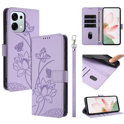 Phone Case For Oppo F31 5G  /  A6 Pro 5G  /  4G Wallet Stand Lotus Imprint Leather Cover with Wrist Strap - Purple
