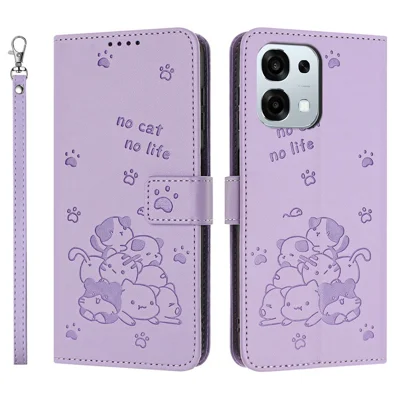 Wallet Case For Oppo F31 5G  /  A6 Pro 5G  /  4G Cats Imprint Leather Phone Cover with Strap - Purple