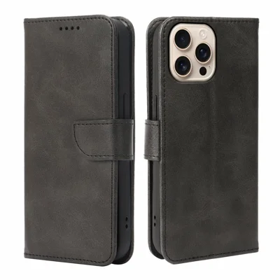 For iPhone 14 Pro Max Case Wallet Stand Magnetic Closure Calf Texture Leather Phone Cover - Black