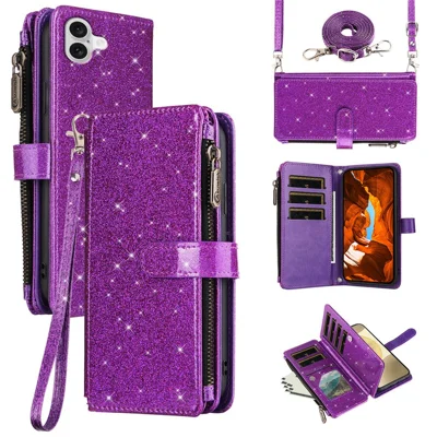 ASUWISH For iPhone 16 Plus Case 10 Card Holder Glitter Leather Phone Cover with Crossbody Strap - Purple