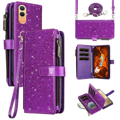 ASUWISH For OnePlus Nord CE4 Lite 5G  /  Oppo K12x 5G (China) Case 10 Card Holder Glitter Leather Phone Cover with Crossbody Strap - Purple