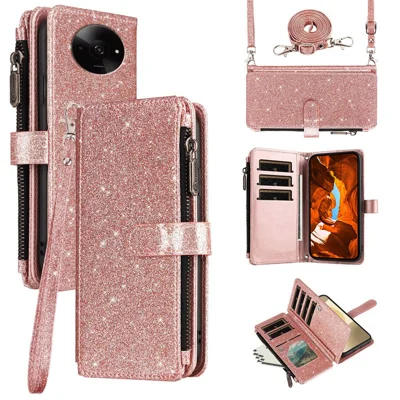 ASUWISH Phone Case For Xiaomi Poco C61 4G  /  Redmi A3 4G  /  Redmi A3x 4G 10 Card Holder Glitter Leather Cover with Crossbody Strap - Rose Gold