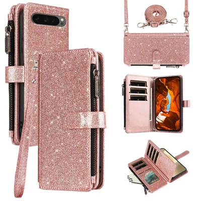 ASUWISH 10 Card Holder Phone Case For Google Pixel 10  /  10 Pro  /  9  /  9 Pro Glitter Leather Cover with Crossbody Strap - Rose Gold