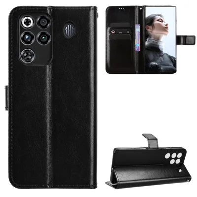 Voor ZTE nubia RedMagic 11 Pro+ 5G / ZTE nubia RedMagic 11 Pro 5G PU Leren Hoesje met Bandje Crazy Horse Structuur Telefoon Portemonnee Cover - Zwart
