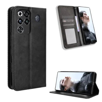 Voor ZTE nubia RedMagic 11 Pro+ 5G / ZTE nubia RedMagic 11 Pro 5G Leren Hoes Portemonnee Stand Retro Textuur Telefoonhoes - Zwart