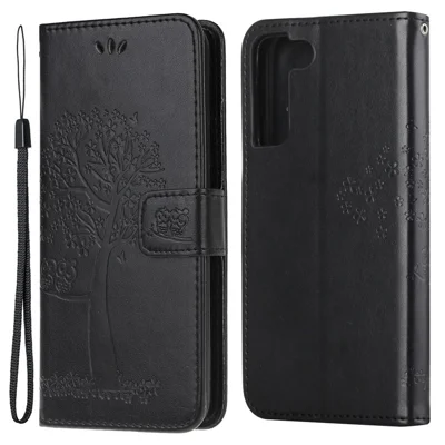 Phone Cover for Samsung Galaxy S23, Stand Feature PU Leather Imprinted Owl Tree Pattern Magnetic Clasp Flip Wallet Case - Black