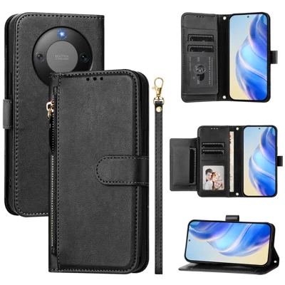 Capa de Couro para Honor X70 5G / Honor X9d 5G com Bolso de Zíper e Múltiplos Slots para Cartões - Preto
