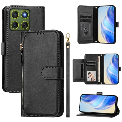 Capa de Couro para Motorola Edge 70 5G com Bolso de Zíper, Múltiplos Compartimentos para Cartões - Preto
