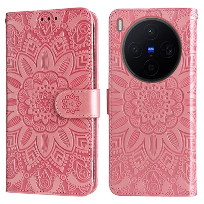 Vivo X300 5G-Hülle, Sonnenblumen-Prägung, Leder-Brieftasche, Handyhülle - Pink