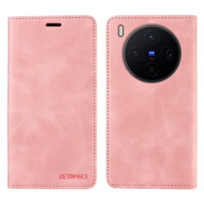 För vivo X300 5G-skåp BETOPNICE Magnetisk stängning RFID-blockerande plånbokstånd Läder mobilhölje - Rosa