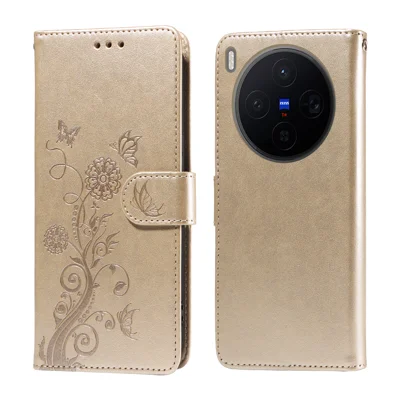 For vivo X300 5G Læderetui med Butterfly Floral Print, Wallet og Stå - Guld