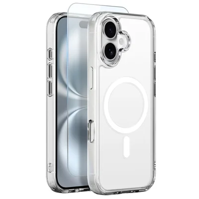 NORTHJO Funda para iPhone 16 Compatible con MagSafe Cubierta de Teléfono de PC + TPU con Película de Vidrio Templado - Transparente