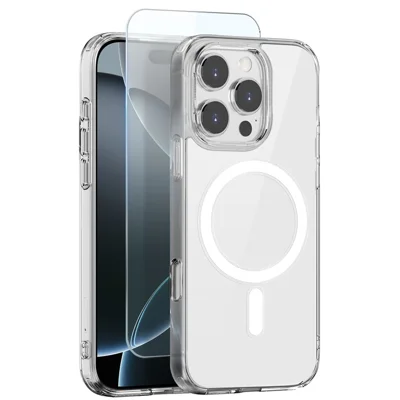 Étui NORTHJO pour iPhone 16 Pro Max Compatible avec MagSafe, Coque de Téléphone PC + TPU avec Film en Verre Trempé - Transparent