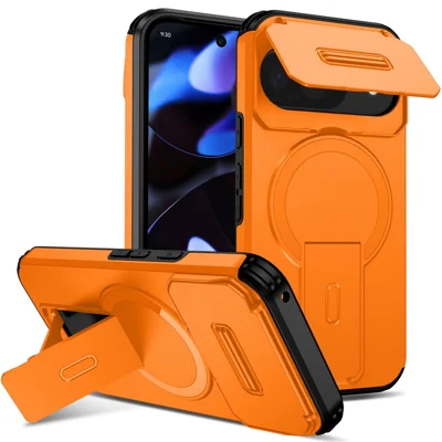 Kickstand Case for Google Pixel 11 Pro / 11 / 10 Pro / 10 / 9 Pro / 9 PC + TPU Camera Slider Phone Cover Magnetic Case - Orange