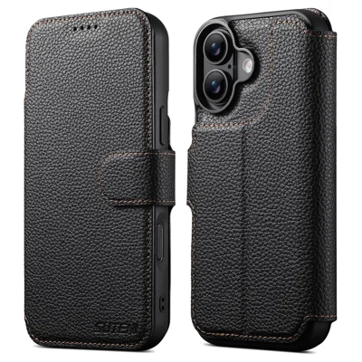 SUTENI Q-05 For iPhone 17 Magnetic Case Litchi Texture Wallet Stand Detachable Leather Phone Cover - Black
