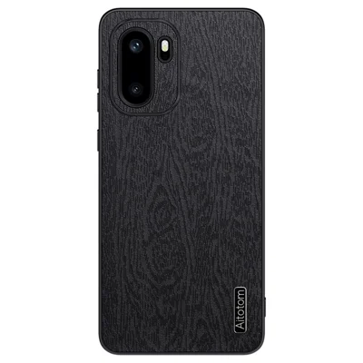For OnePlus 15R 5G / Ace 6T 5G / Ace 6 5G Case Wood Texture PU Leather Coated PC TPU Phone Cover - Black