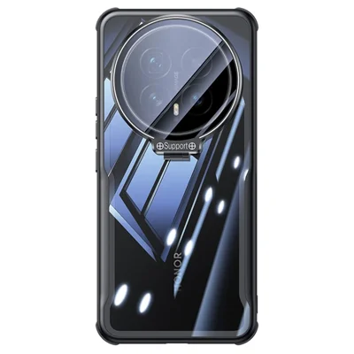 Voor Honor Magic8 Pro 5G hoesje PC + TPU transparant telefoonhoesje met glazen lenskapje en standaard
