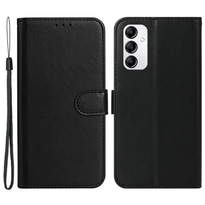 Cell Phone Cover with Card Slots For Samsung Galaxy A14 5G / 4G , Solid Color Shockproof PU Leather Phone Case Wallet Stand with Strap - Black