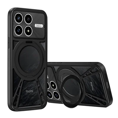 Obudowa na Xiaomi Redmi K90 5G / Poco F8 Pro z magnesem, podstawką obrotową, żebrem chłodzącym, z silikonu, PC i metalu, z obramowaniem - Czarny