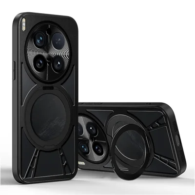 For vivo X300 Pro 5G Case Magnetic Kickstand Hollow Heat Dissipation Silicone + PC + Metal Bumper Phone Cover - Black