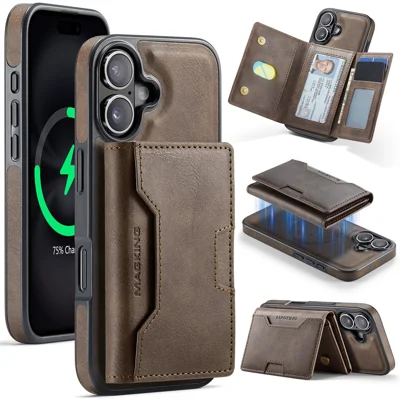 Étui MAGKING K4 Series pour iPhone 17 Compatible avec MagSafe Portefeuille Détachable PU TPU PC Housse de Téléphone - Café