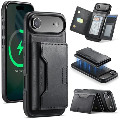 Série MAGKING K4 pour étui d'iPhone Air compatible avec le portefeuille détachable MagSafe Couverture de téléphone en PU TPU PC - Noir