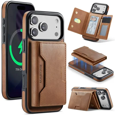 MAGKING سلسلة K4 لهاتف iPhone 17 Pro غطاء متوافق مع MagSafe محفظة قابلة للفصل غطاء هاتف من مادة PU وTPU وPC - بني