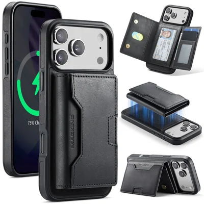 MAGKING K4-serie til iPhone 17 Pro Max hylster kompatibel med MagSafe, aftagelig wallet af PU, TPU og PC telefonbeskyttelse - Sort