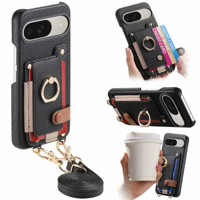 For Google Pixel 10  /  10 Pro Case Card Holder Ring Kickstand Leather + PC Phone Cover with Shoulder Strap - Black