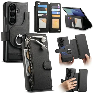 For Samsung Galaxy Z Fold7 5G Magnetic Case Detachable Wallet Stand Cloth Texture PU Leather Foldable Screen Phone Cover - Black