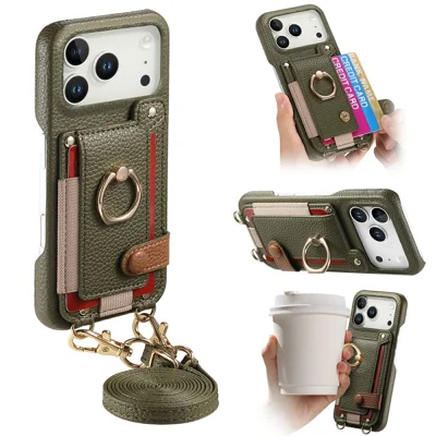 For iPhone 17 Pro Max Case Card Holder Ring Kickstand Leather + PC Phone Cover with Shoulder Strap - Midnight Green