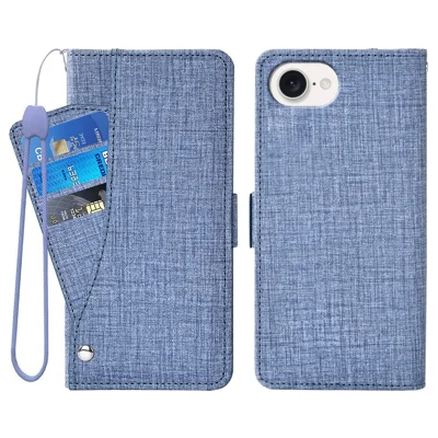 For iPhone 17e / 16e Case Jean Cloth Texture PU Leather Wallet Phone Cover with Rotating Card Slots - Blue