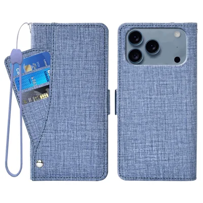 For iPhone 17 Pro Case Jean Cloth Texture PU Leather Wallet Phone Cover with Rotating Card Slots - Blue