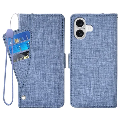 Für iPhone 16 Plus Hülle Jeanstoff-Textur PU-Leder Brieftasche Handyhülle mit drehbaren Kartenfächern - Blau