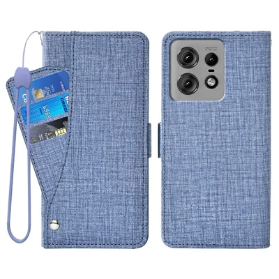 For Motorola Edge 50 Pro 5G Case Jean Cloth Texture PU Leather Wallet Phone Cover with Rotating Card Slots - Blue