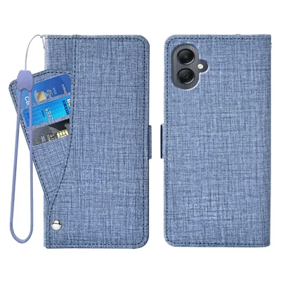 For Samsung Galaxy A06 4G Case Jean Cloth Texture PU Leather Wallet Phone Cover with Rotating Card Slots - Blue