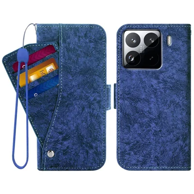 Per Xiaomi 15 Pro Case Water-ink Painting Wallet PU Leathe Phone Cover con Slot per Carte Rotanti - Blu