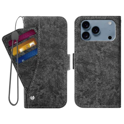 For iPhone 17 Pro Max Case Water-ink Painting Wallet PU Leather Phone Cover with Rotating Card Slots - Black