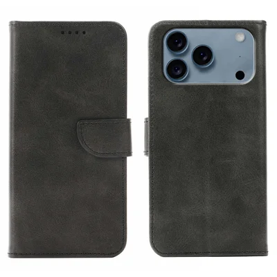 For iPhone 17 Pro Case Wallet Stand Magnetic Clasp Closure Calf Texture Leather Phone Cover - Black