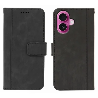 For iPhone 17 Leather Wallet Case Solid Color Skin-feel Line Splicing Phone Cover with Magnetic Clasp - Black