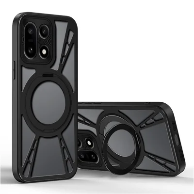 Voor OnePlus 15 5G hoesje Magnetische standaard Holle warmteafvoer Siliconen + PC + Metalen bumper telefoonhoes - Zwart